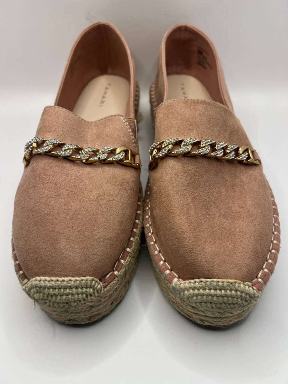 Tahari’s Suede Espadrille Loafers with Gold Chain - Blush